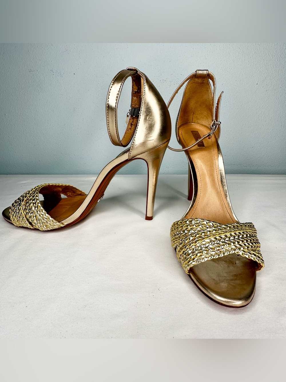 SCHUTZ Gold Metallic Braided Ankle-Strap High Heels